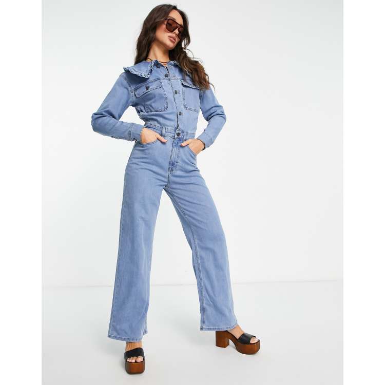 Tongmingyun Women's Cap Sleeve Denim Jumpsuit Button Down Straight Leg  Jeans Long Pants Rompers with Pockets : Clothing, Shoes & Jewelry 