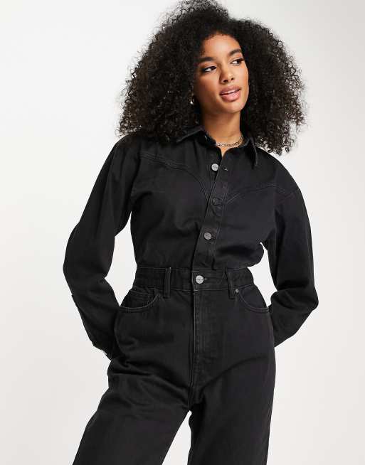 Waven - Tate - Ensfarvet jumpsuit med western-detalje i sort denim, 3 af 4