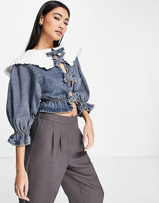 Waven vivi tied cropped shirt with frill collar in blue grey