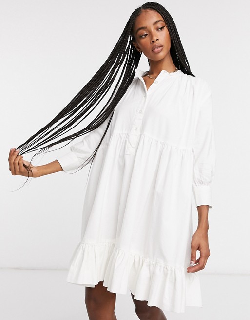 Waven volume frill dress in optical white