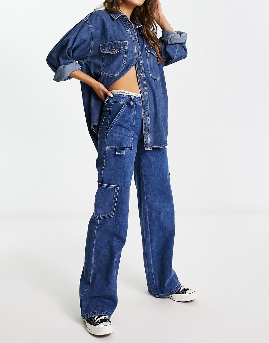 Waven wide leg cargo jeans with pocket details in washed indigo-Blue