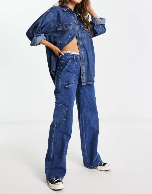 Waven wide leg cargo jeans with pocket details in washed indigo