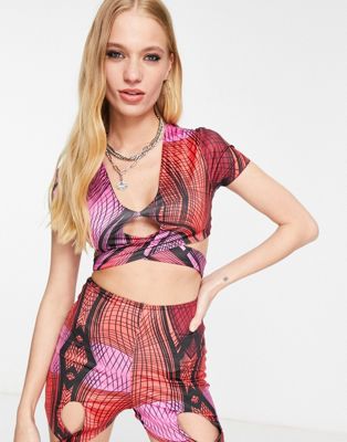 wavey wrap front crop top co-ord in pink snake print