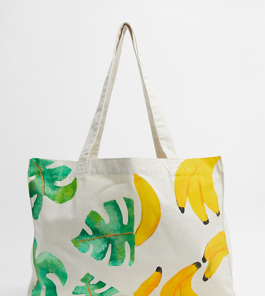 We Are Hairy People - Maxi borsa in cotone organico con palme e banane dipinte a mano-Beige