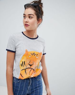 We Are Hairy People - Ringer T-shirt van organisch katoen met handgetekende Maleisische tijger-Grijs