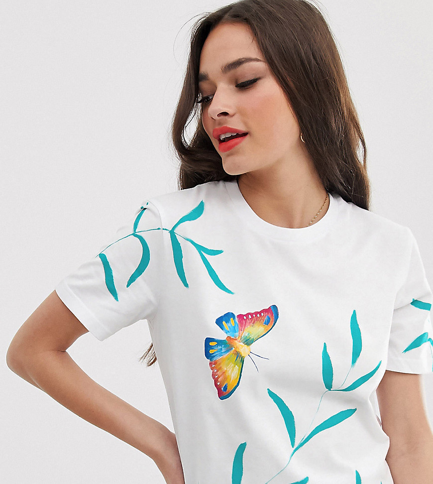 We Are Hairy People - T-shirt van biologisch katoen met handgeschilderde vlinder-Wit