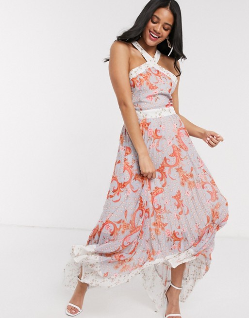 We Are Kindred alice dip hem floral pleated midaxi dress in sky paisley