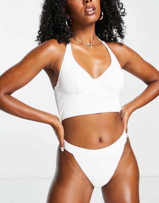 We Are We Wear Cindy halter underwire long line bikini top in white rib