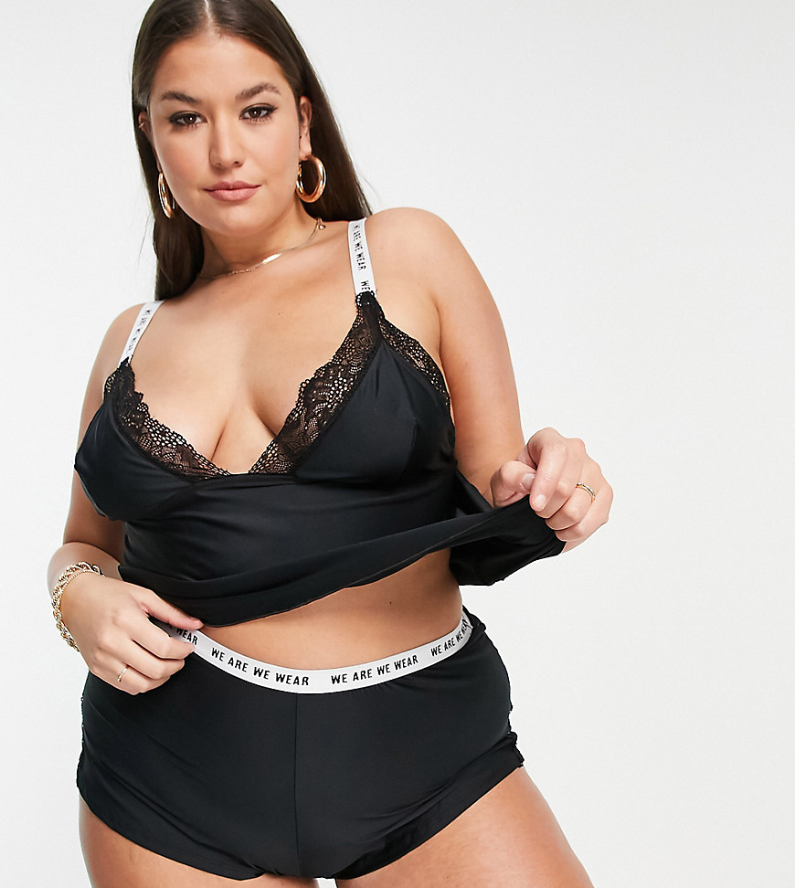 We Are We Wear Curve eco microfiber lace trim cami and short set with logo detail in black