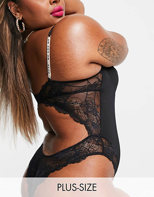  We Are We Wear Curve eco microfibre lace trim high leg bodysuit with logo detail in black 