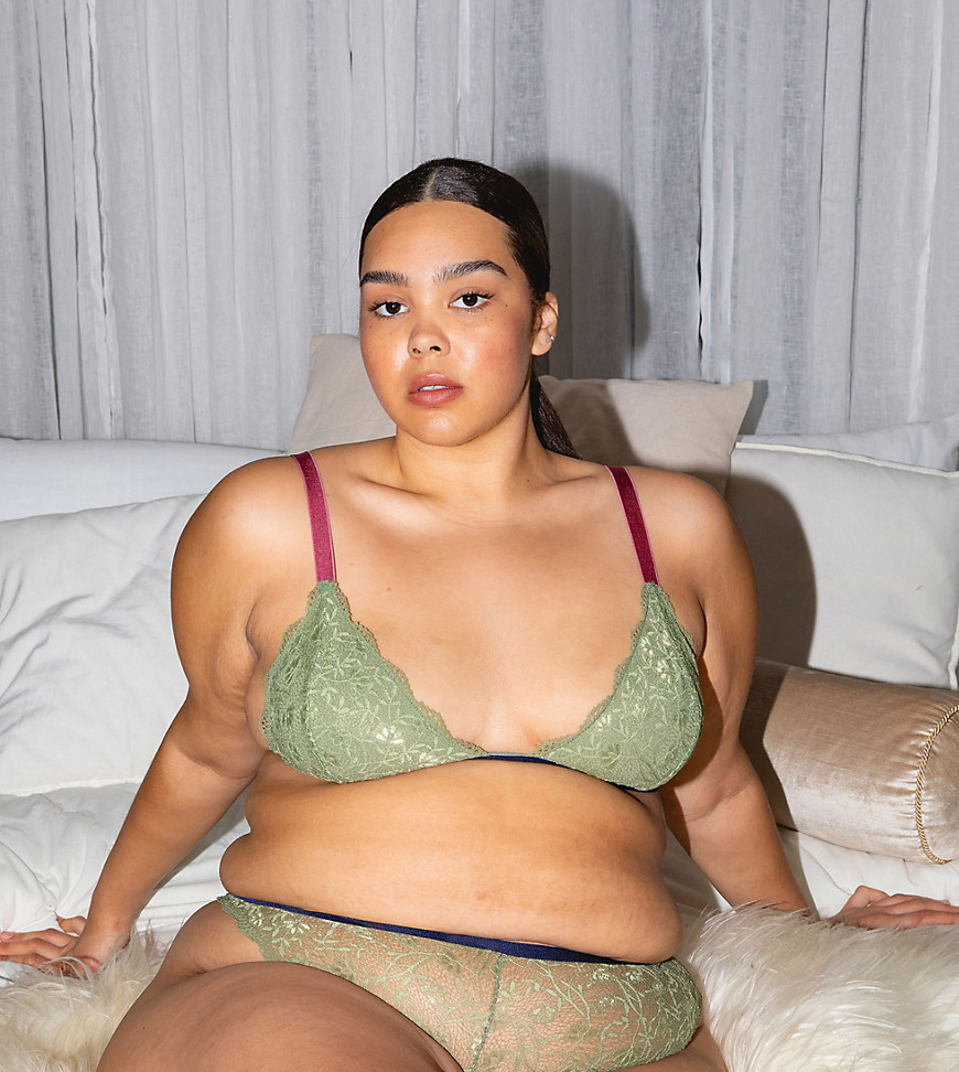 We Are We Wear Curve Evolve recycled lace thong in khaki and navy-Multi