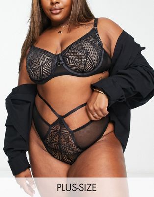 We Are We Wear Curve geo lace high waist thong with strapping detail in black