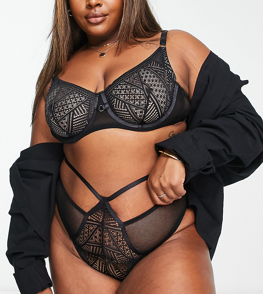 We Are We Wear Curve Geo Lace High Waist Thong With Strapping Detail In Black