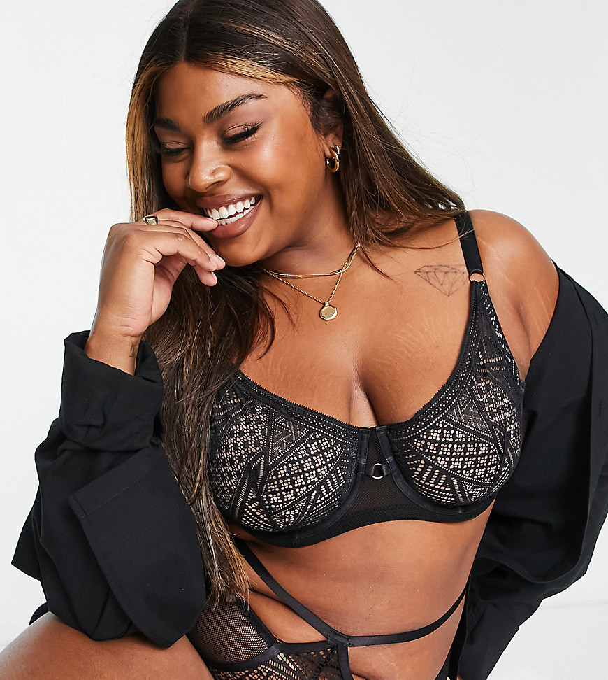 We Are We Wear Curve Geo Lace Non Padded Balconette Bra In Black