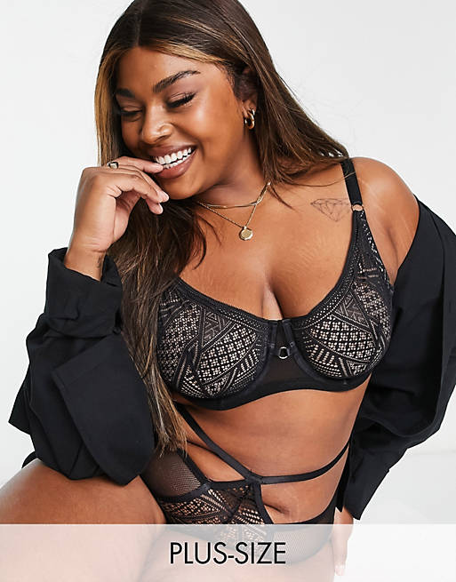 We Are We Wear Curve geo lace non padded balconette bra in black