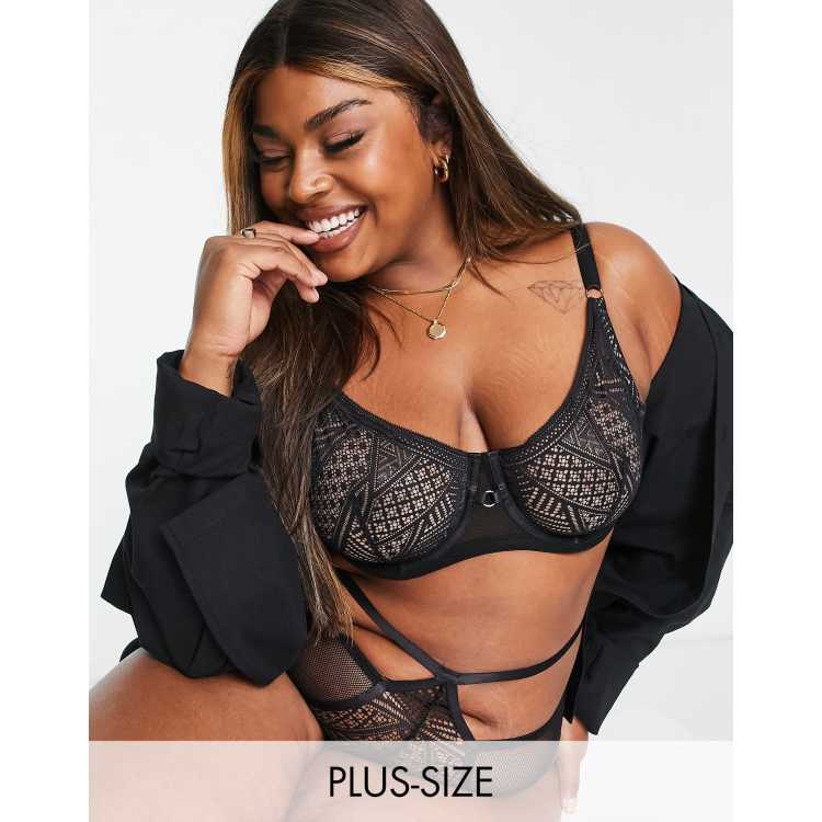 We Are We Wear Curve Geo Lace Non Padded Balconette Bra In Black