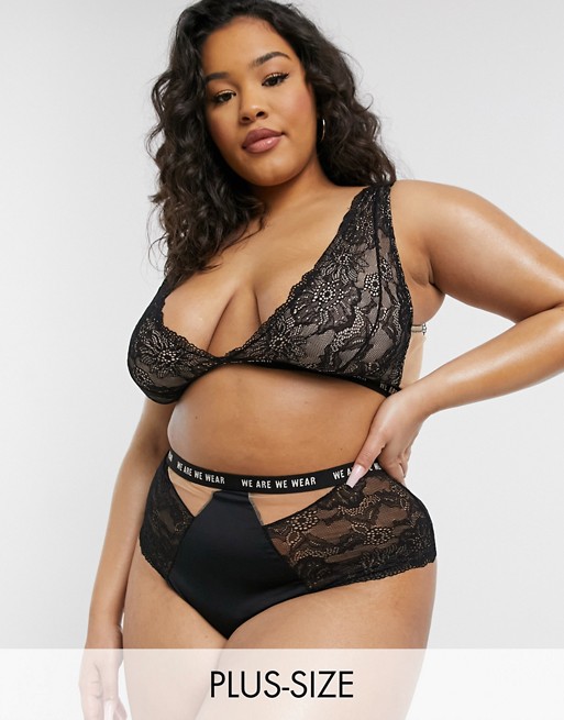 We Are We Wear Curve high waist cut out brief with logo detail band in black