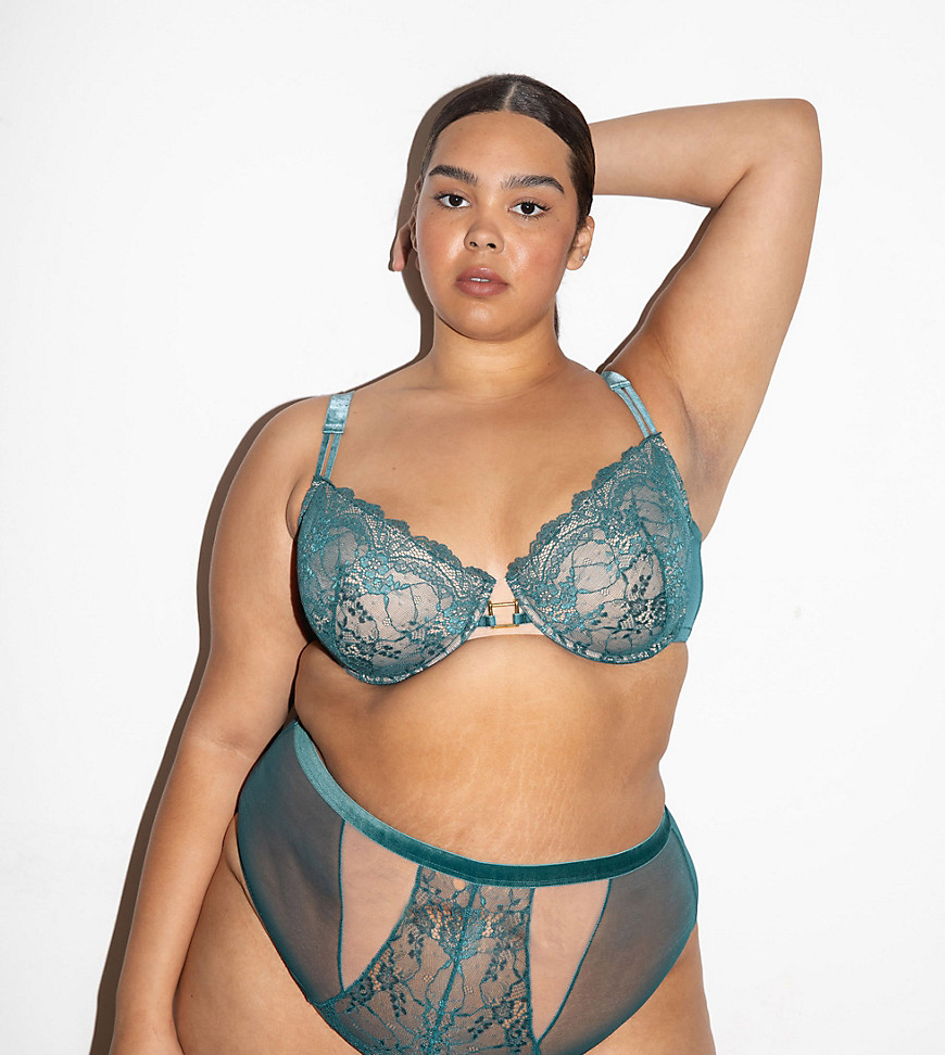 We Are We Wear Curve high waist thong with velvet trim in teal-Blues