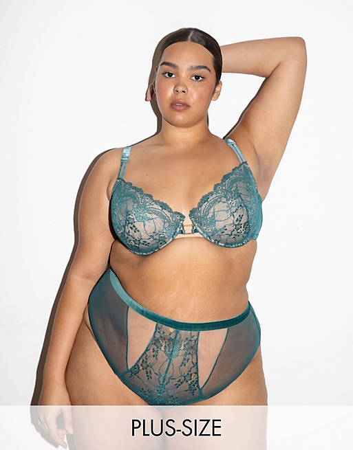 We Are We Wear Curve high waist thong with velvet trims in teal