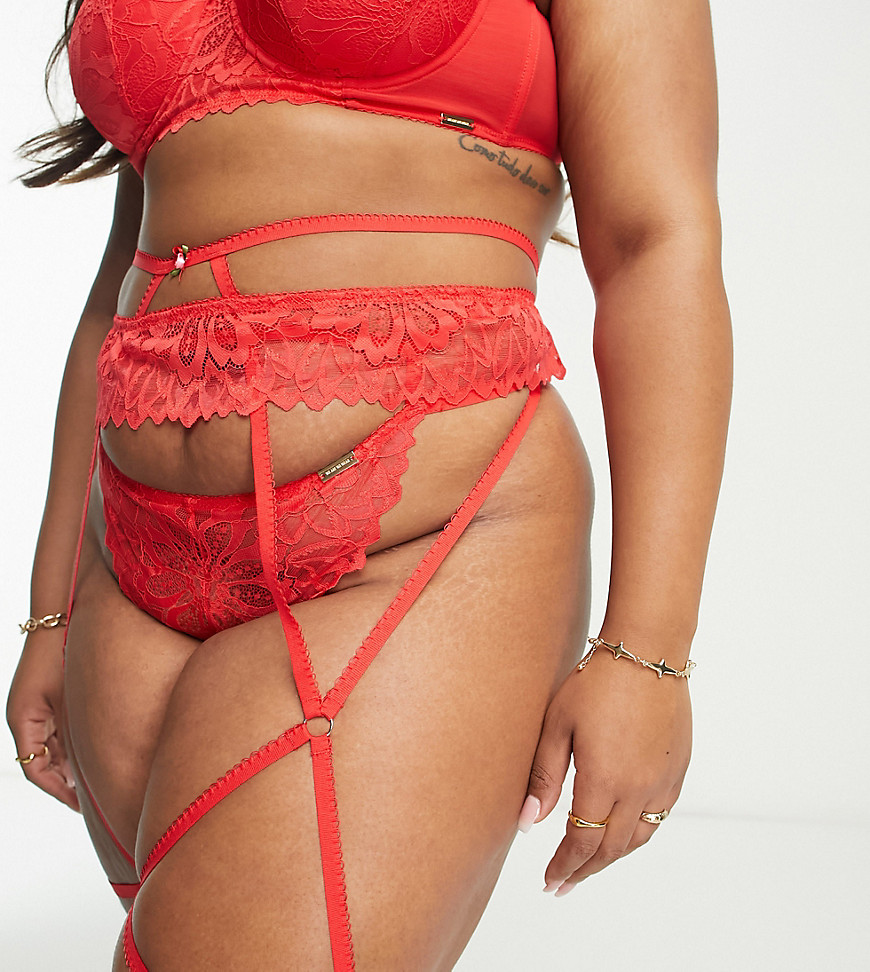 We Are We Wear Curve lace frill detail leg harness in red