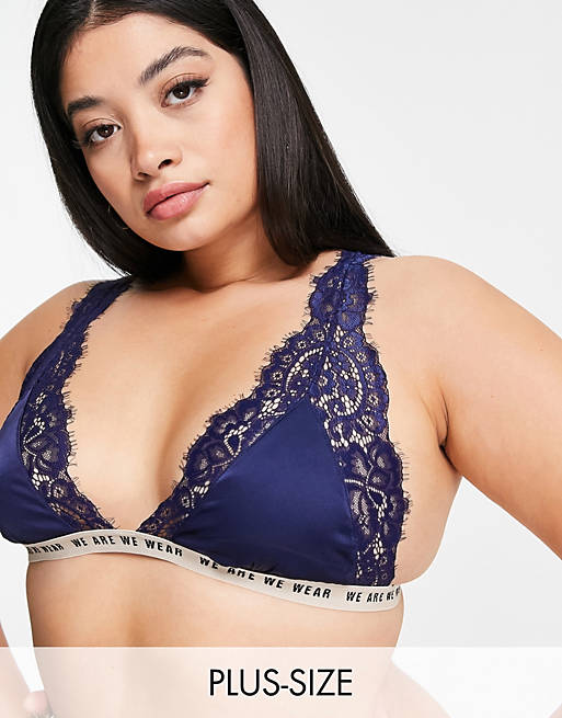 We Are We Wear Curve lace trim satin triangle bralette with logo underband  in navy