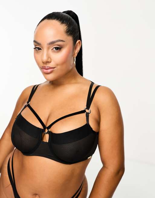 We Are We Wear Curve mesh and velvet non padded balconette bra in black