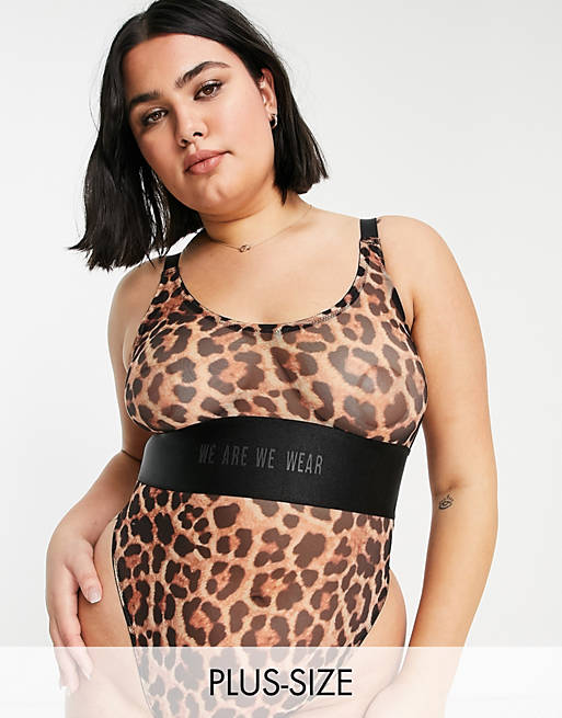  We Are We Wear Curve recycled poly blend mesh super high leg bodysuit in leopard print 