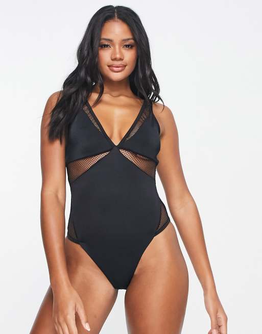 We Are We Wear deep plunge swimsuit with mesh insert in black