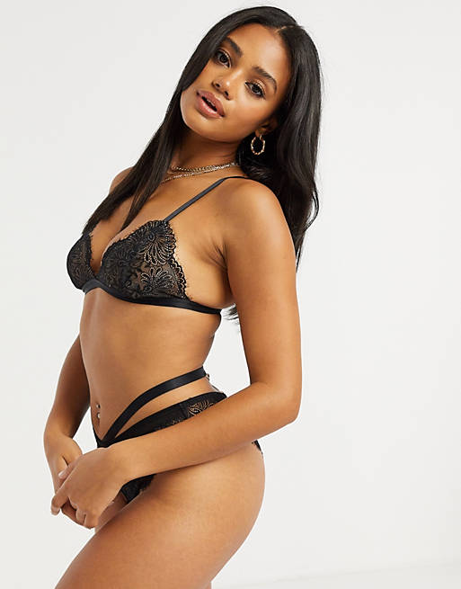We Are We Wear delicate eyelash lace bralette with back strap detail in black and pink