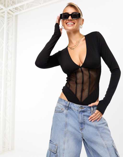 Black Fishnet Long Sleeve Bodysuit, Tops