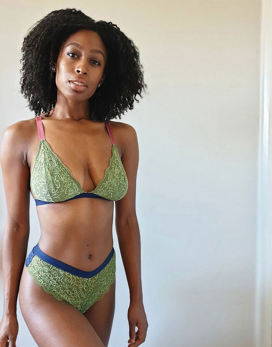 We Are We Wear Fuller Bust lace cami strap triangle bralette in khaki and navy-Multi