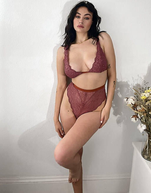 We Are We Wear Fuller Bust lace high apex bralette in pink and khaki