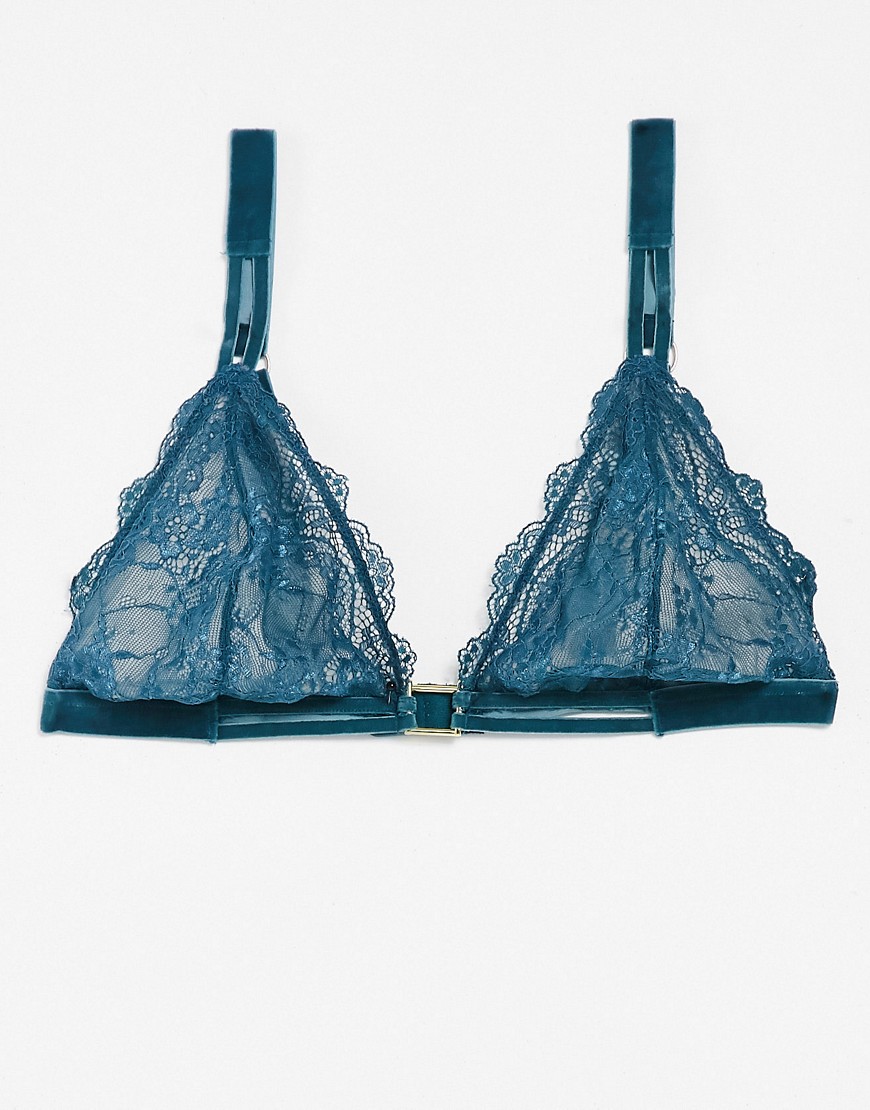 We Are We Wear Fuller Bust triangle bralet with velvet and hardwear trim in teal-Blues