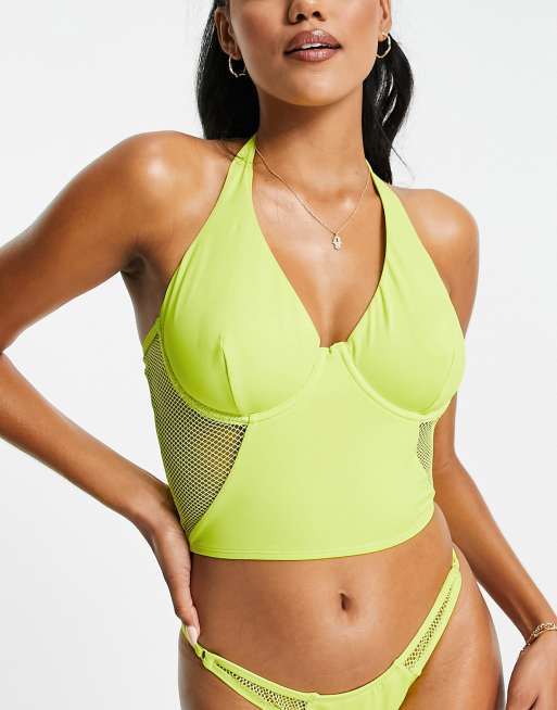 We Are We Wear Fuller Bust underwired bikini top with mesh insert in chartreuse