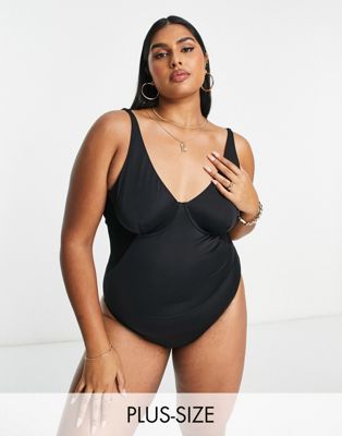 underwired control swimsuit with mesh insert in black