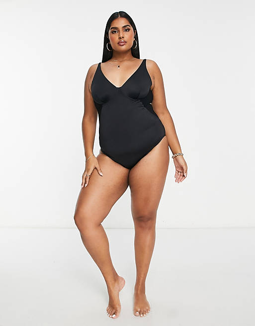We Are We Wear Fuller Bust underwired control swimsuit with mesh insert in  black