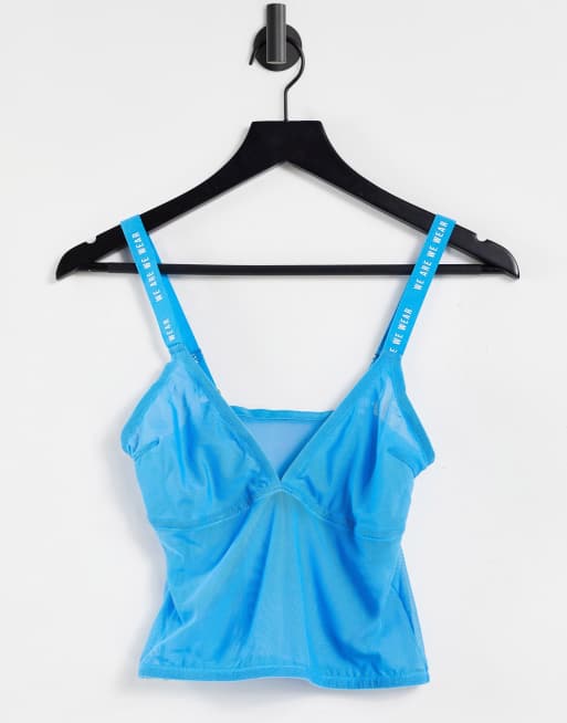 We Are We Wear – Für die größere Brust – Lang geschnittenes Triangel-Bustier aus transparentem Netzstoff in Blau - MBLUE