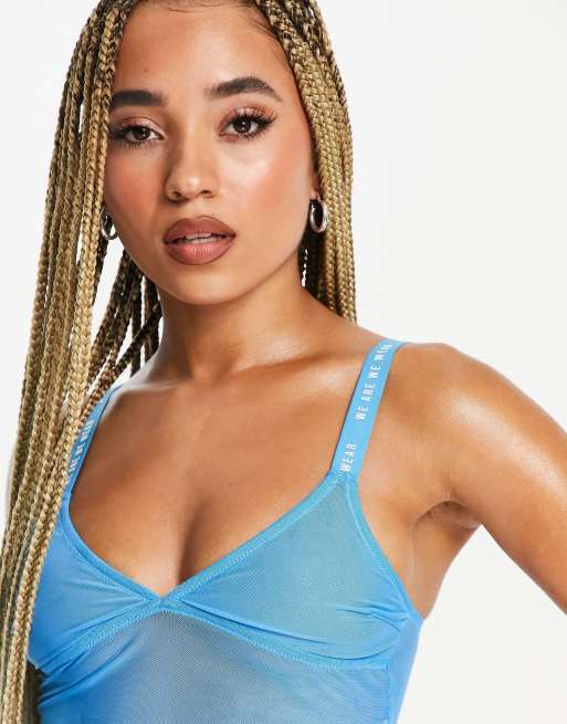 We Are We Wear Mesh Sheer Longline Triangle Bralette In Blue MBLUE