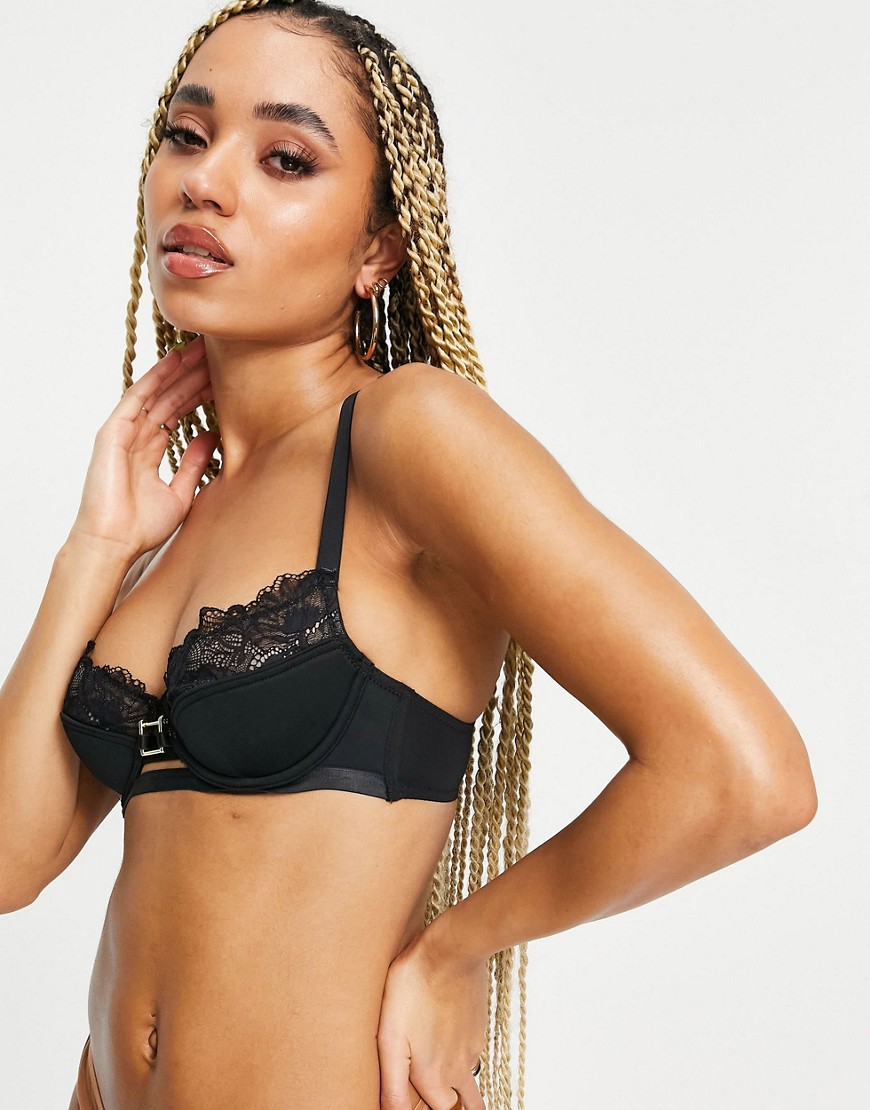 We Are We Wear microfibre lace trim plunge bra with logo detail in black - BLACK