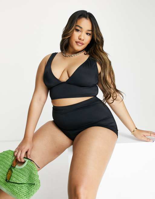 We Are We Wear Plus Amy Deep Plunge Longline bikini top in black