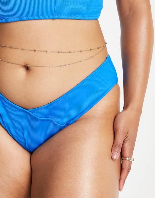 We Are We Wear Plus Ashley v front high leg bikini bottom in blue rib