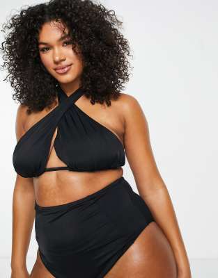 We Are We Wear Plus cross front wrap halter bikini top in black - ASOS Price Checker