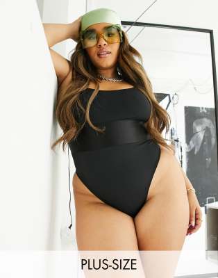 We Are We Wear Plus Debbie Deep Band High Leg Swimsuit In Black