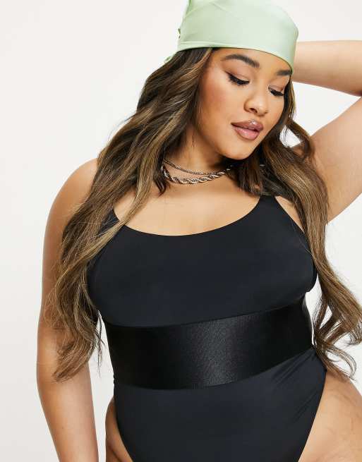 We Are We Wear deep plunge swimsuit with mesh insert in black