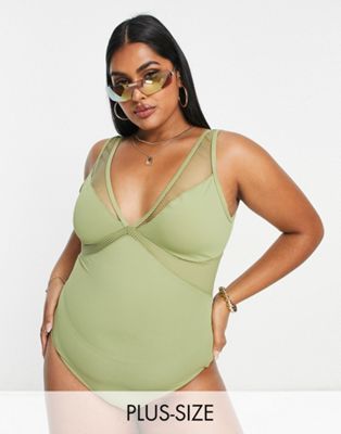 We Are We Wear Plus Deep Plunge Swimsuit With Mesh Insert In Khaki-green