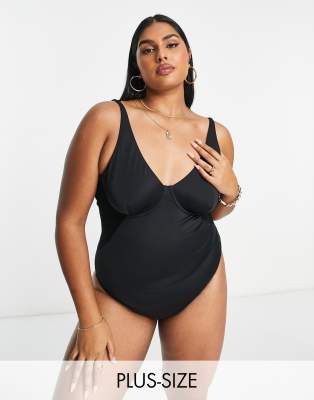 We Are We Wear Plus – Figurformender Badeanzug in Schwarz mit Netzstoffeinsatz und Bügel