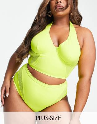 We Are We Wear Plus high waist bikini bottom with mesh inserts in chartreuse - ASOS Price Checker