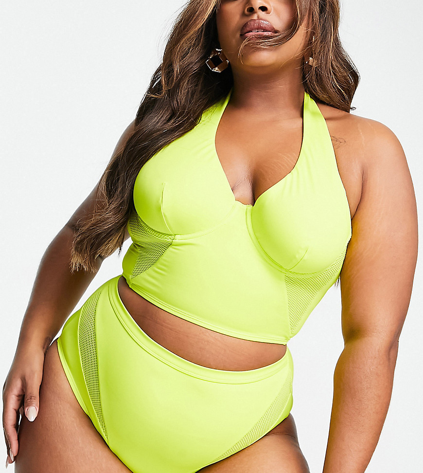 We Are We Wear Plus high waist bikini bottom with mesh inserts in chartreuse-Green