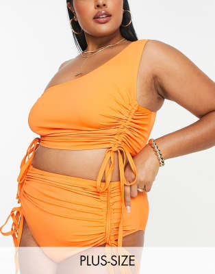 We Are We Wear Plus high waist control bikini bottoms with ruching in coral - ASOS Price Checker