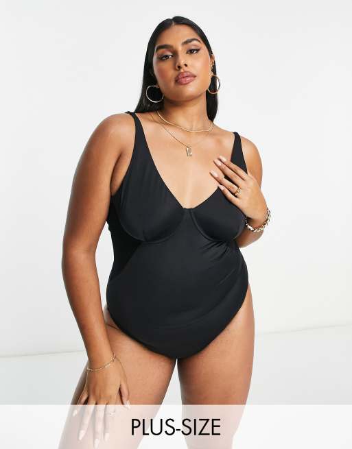 We Are We Wear Plus - Maillot 1 pièce à armatures préformées et empiècements en tulle - Noir
